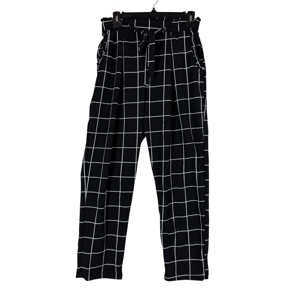 Harper Pants Womens M Black Check Paperbag Tapered Crepe Stretch Pull On Belted